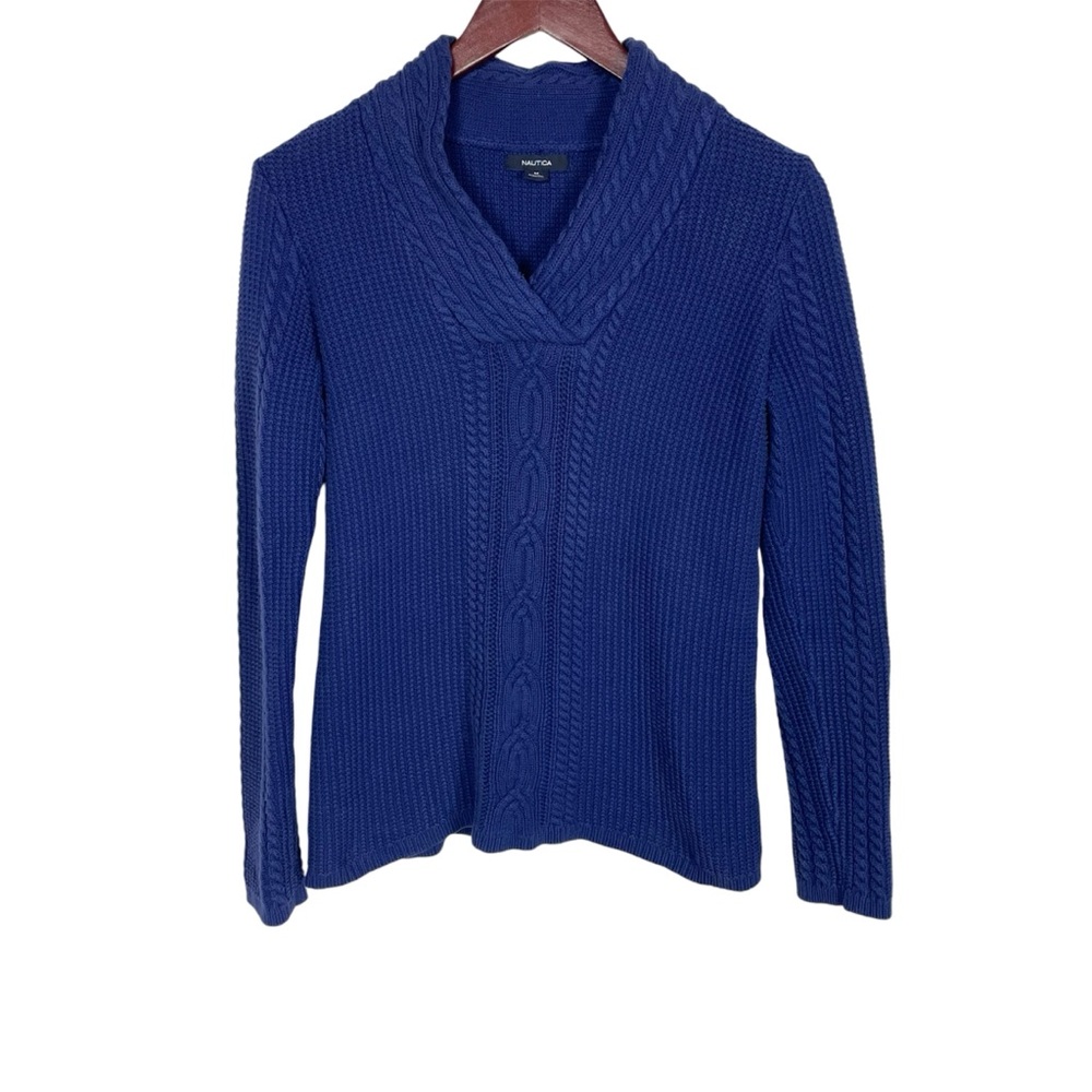 Nautica Navy Blue Cable Knit V-Neck Sweater Size M